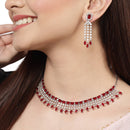 Rhodium Plated Stylish Emerald Cut Red AD Ethnic Necklace Jewellery Set