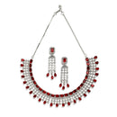Rhodium Plated Stylish Emerald Cut Red AD Ethnic Necklace Jewellery Set