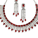 Rhodium Plated Stylish Emerald Cut Red AD Ethnic Necklace Jewellery Set