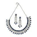 Rhodium Plated Emerald Cut Blue American Diamond Ethnic Necklace Jewellery Set