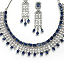 Rhodium Plated Emerald Cut Blue American Diamond Ethnic Necklace Jewellery Set
