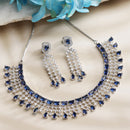 Rhodium Plated Emerald Cut Blue American Diamond Ethnic Necklace Jewellery Set