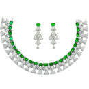 Rhodium Plated Triangle Motif Green American Diamond Ethnic Necklace Jewellery Set
