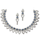 Rhodium Plated Floral Petal Blue American Diamond Ethnic Necklace Jewellery Set
