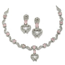 Rhodium Plated Heart Motif Pink American Diamond Ethnic Necklace Jewellery Set