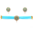 Gold Plated Mandala Motif Turquoise Blue American Diamond Ethnic Traditional Choker Jewellery Set