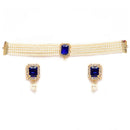 Gold Plated Emerald-Cut Navy Blue American Diamond Ethnic Traditional Choker Jewellery Set