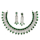 Rhodium Plated Stylish Emerald Cut Green AD Ethnic Necklace Jewellery Set