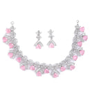 Rhodium Plated Triangle Cut Pink American Diamond Ethnic Necklace Jewellery Set