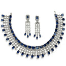 Rhodium Plated Emerald Cut Blue American Diamond Ethnic Necklace Jewellery Set