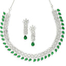 Rhodium Plated Teardrop Green Ethnic AD Necklace Jewellery Set