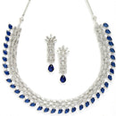 Rhodium Plated Teardrop Blue Ethnic AD Necklace Jewellery Set
