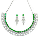 Rhodium Plated Triangle Motif Green American Diamond Ethnic Necklace Jewellery Set