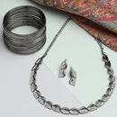 Oxidised Stylish Leaf Motif Black Cubic Zirconia Ethnic Necklace