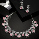 Rhodium Plated Triangle Cut Pink American Diamond Ethnic Necklace Jewellery Set