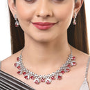 Rhodium Plated Triangle Cut Red American Diamond Ethnic Necklace Jewellery Set