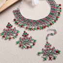 Rhodium Plated Crescent Multicolor American Diamond Ethnic Oxidised Necklace