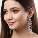 Rhodium Plated Crescent Chandelier Pink AD Contemporary Long Drop Earrings