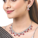 Rhodium Plated Triangle Cut Red American Diamond Ethnic Necklace Jewellery Set