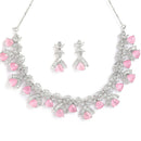 Rhodium Plated Triangle Cut Pink American Diamond Ethnic Necklace Jewellery Set
