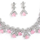 Rhodium Plated Triangle Cut Pink American Diamond Ethnic Necklace Jewellery Set