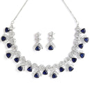 Rhodium Plated Triangle Cut Blue American Diamond Ethnic Necklace Jewellery Set