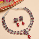 Rhodium Plated Crescent Red CZ Ethnic Oxidised Necklace