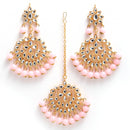Gold-Plated Pink Pearl & Kundan Studded Maang Tikka With Earrings