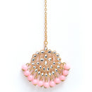 Gold-Plated Pink Pearl & Kundan Studded Maang Tikka With Earrings