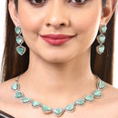 Rhodium Plated Stylish Trillion Cut Sea Green AD Ethnic Necklace Jewellery Set
