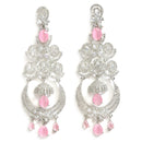Rhodium Plated Crescent Chandelier Pink AD Contemporary Long Drop Earrings