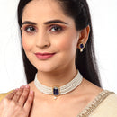 Gold Plated Emerald-Cut Navy Blue American Diamond Ethnic Traditional Choker Jewellery Set