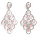 Rhodium Plated Leaf Pink AD Contemporary Long Drop Earrings
