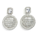 Rhodium Plated Geometric Shape White AD Contemporary Long Drop Earrings
