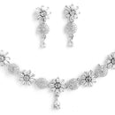 Rhodium Plated Floral Burst White American Diamond Contemporary Necklace Jewellery Set