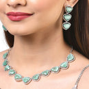 Rhodium Plated Stylish Trillion Cut Sea Green AD Ethnic Necklace Jewellery Set