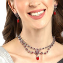 Rhodium Plated Crescent Red CZ Ethnic Oxidised Necklace