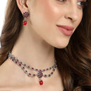 Rhodium Plated Crescent Red CZ Ethnic Oxidised Necklace