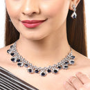 Rhodium Plated Triangle Cut Blue American Diamond Ethnic Necklace Jewellery Set