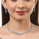 Rhodium Plated Floral White American Diamond Contemporary Necklace Jewellery Set