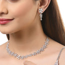 Rhodium Plated Floral White American Diamond Contemporary Necklace Jewellery Set