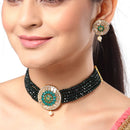 Gold Plated Round Medallion Green American Diamond Ethnic Traditional Choker Jewellery Set