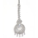 Rhodium Plated White AD Bead Drops Modern Maang Tikka & Earring