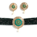 Gold Plated Round Medallion Green American Diamond Ethnic Traditional Choker Jewellery Set