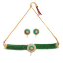 Gold Plated Floral Motif Green American Diamond Ethnic Traditional Choker Jewellery Set