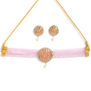 Gold Plated Round Medallion Pink American Diamond Ethnic Traditional Choker Jewellery Set