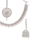 Rhodium Plated Pink AD Stone Ethnic Bridal Jewellery Set
