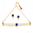 Gold Plated Emerald-Cut Navy Blue American Diamond Ethnic Traditional Choker Jewellery Set