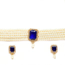 Gold Plated Emerald-Cut Navy Blue American Diamond Ethnic Traditional Choker Jewellery Set
