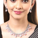 Rhodium Plated Triangle Cut Pink American Diamond Ethnic Necklace Jewellery Set